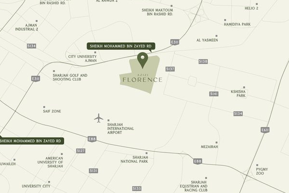 Azizi Florence location on Sheikh Mohammed Bin Zayed Road E311, near Sharjah Golf and Shooting Club and Sharjah International Airport